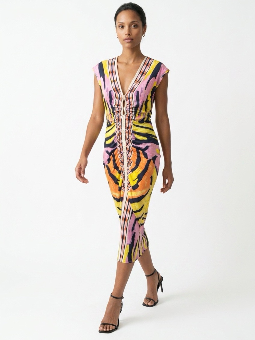 Colorful Ruched Maxi Dress with Abstract Print SzL